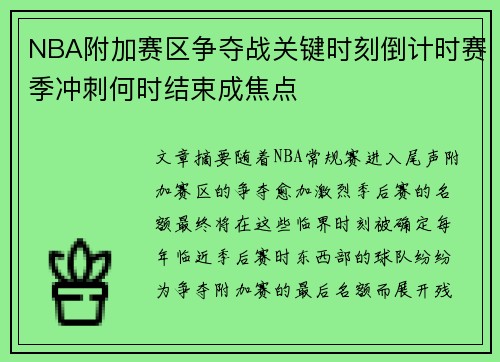 NBA附加赛区争夺战关键时刻倒计时赛季冲刺何时结束成焦点